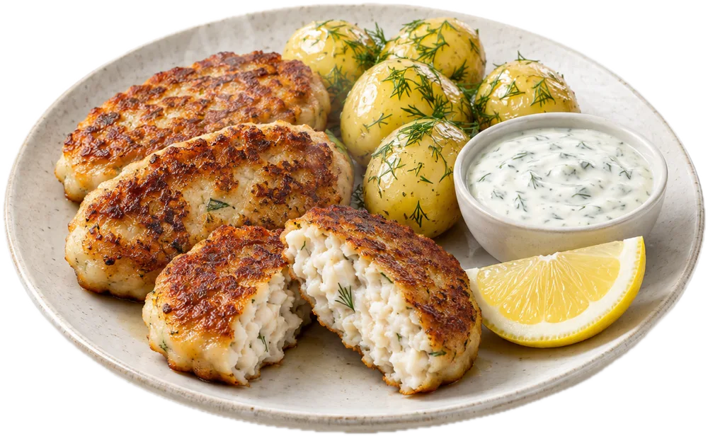 Gyldne fiskefrikadeller med nye kartofler, dild og citron