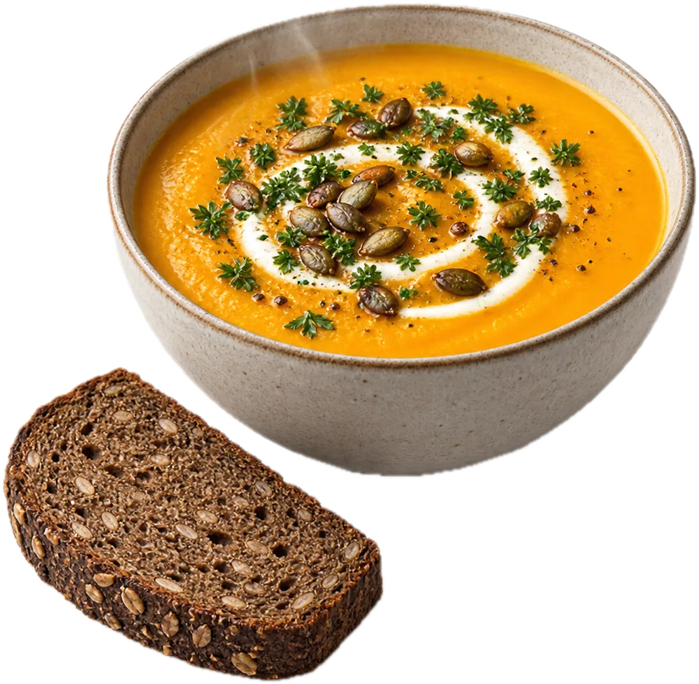 Orange græskarsuppe med skyr, ristede græskarkerner og persille, med rugbrød ved siden af