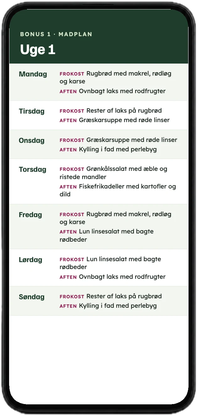 Uge 1 i madplanen med frokost og aftensmad hver dag, vist på en mobil