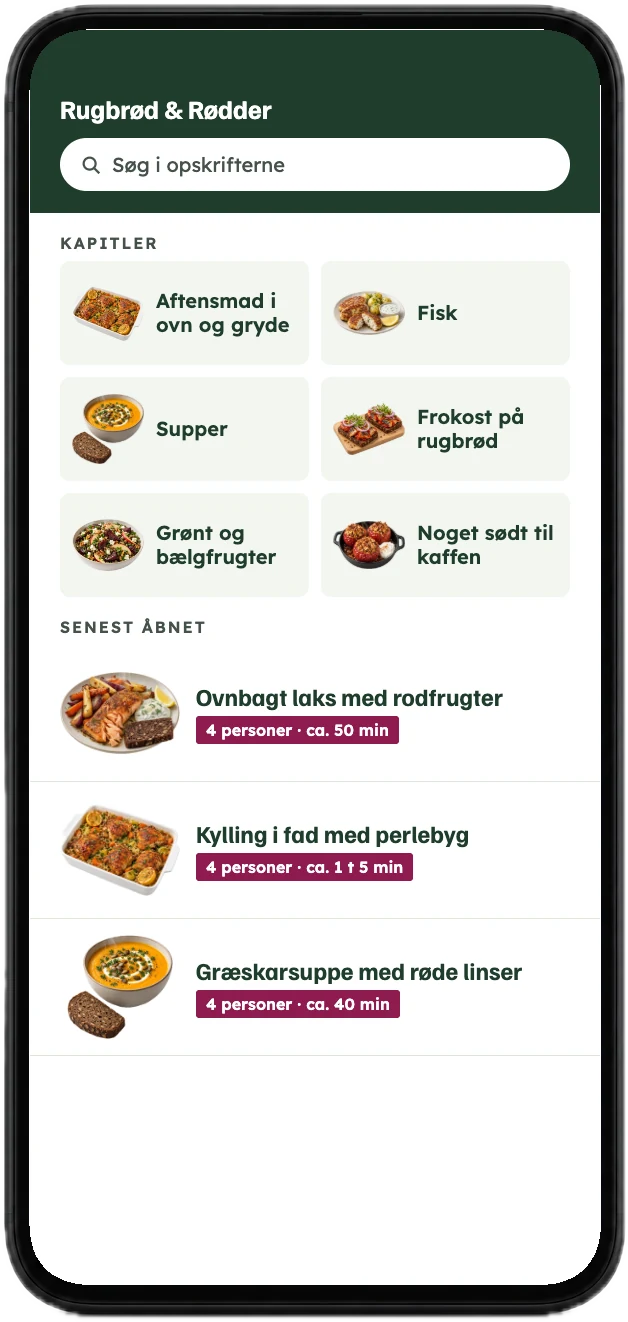 Appens indholdsfortegnelse med kapitler og opskrifter, vist på en mobil
