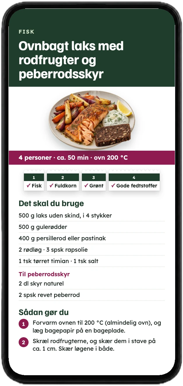 Opskriften på ovnbagt laks med rodfrugter og de fire byggesten, vist på en mobil
