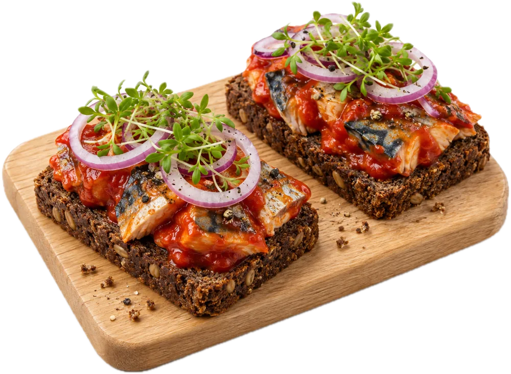 To stykker rugbrød med makrel i tomat, rødløg og karse