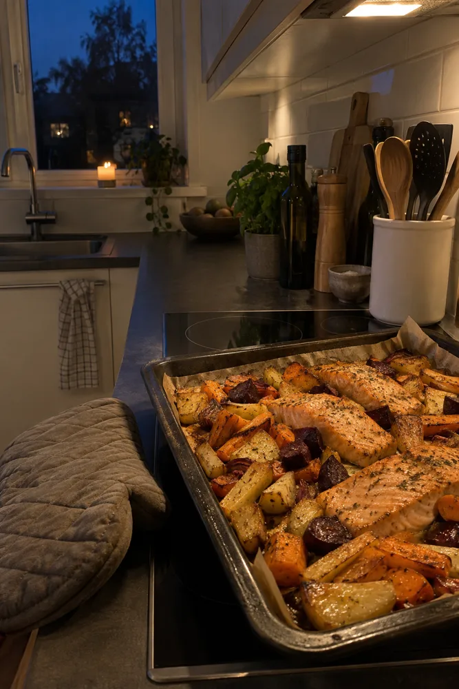 Bageplade med laks og rodfrugter lige ud af ovnen i et dansk køkken en oktoberaften