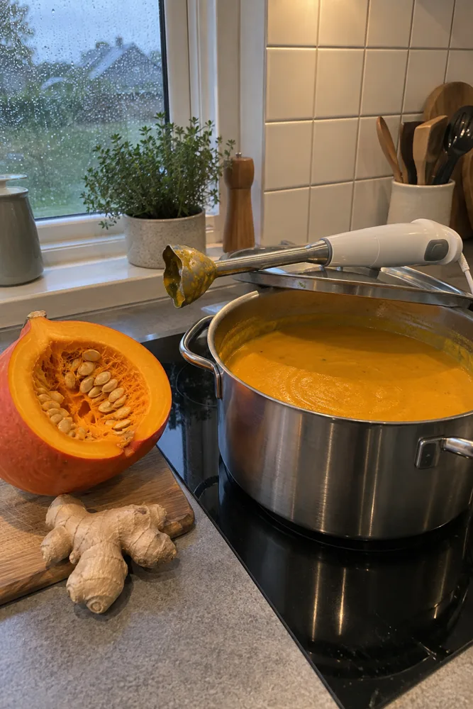Gryde med græskarsuppe og stavblender på komfuret, et halvt hokkaidogræskar og ingefær på bordet